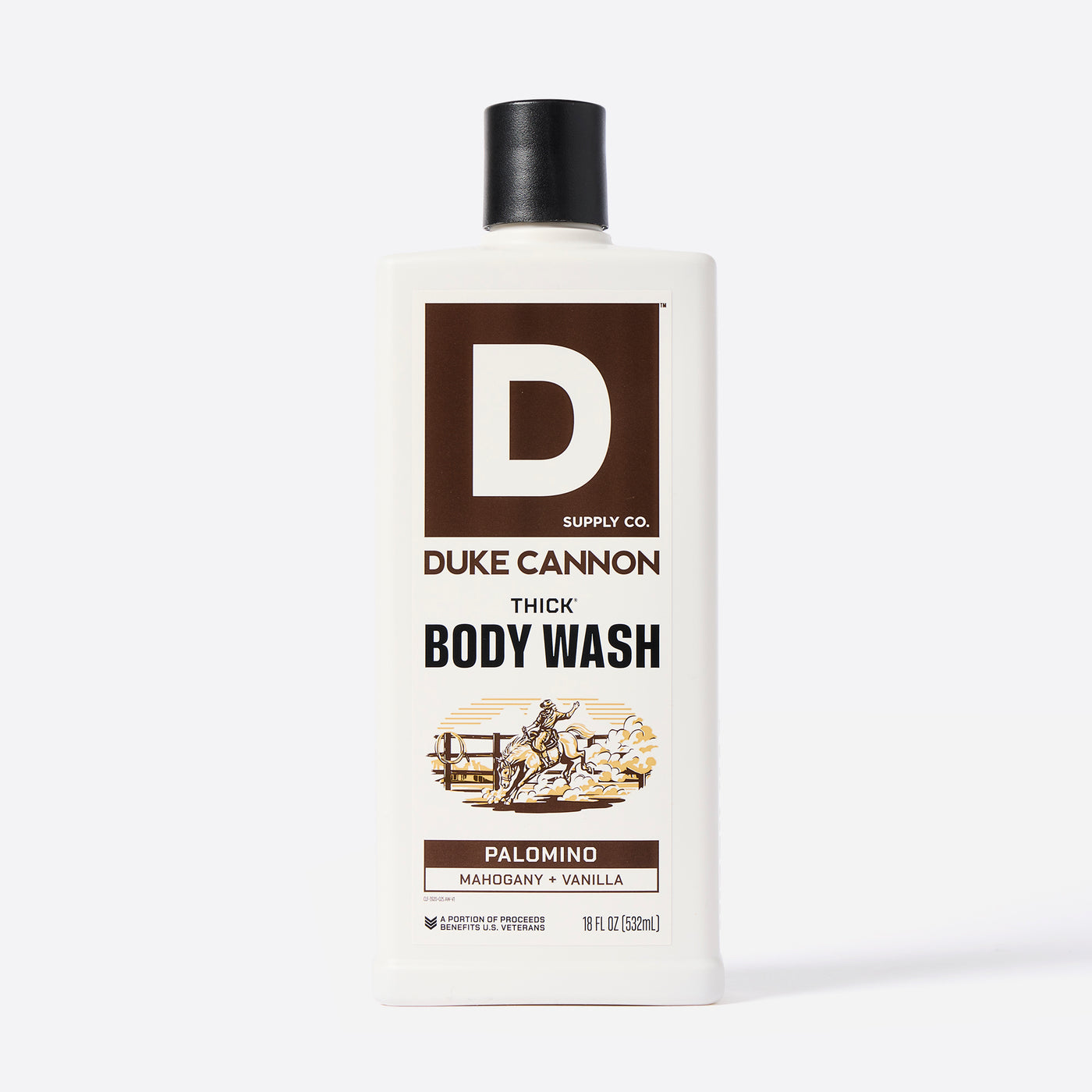 Bottle of Duke Cannon Thick Body Wash in the Palomino Scent on a white background. Palomino - Mahogany + Vanilla scent.