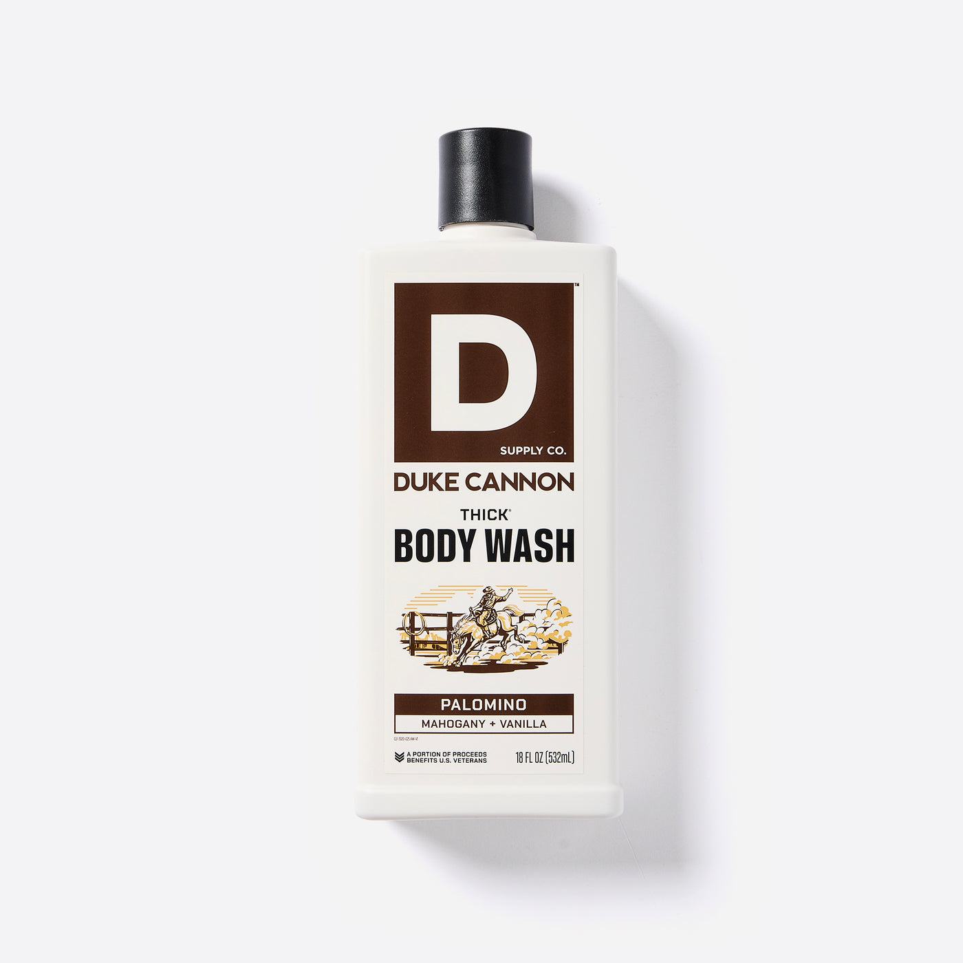 Bottle of Duke Cannon Thick Body Wash in the Palomino Scent on a white background. Palomino - Mahogany + Vanilla scent.
