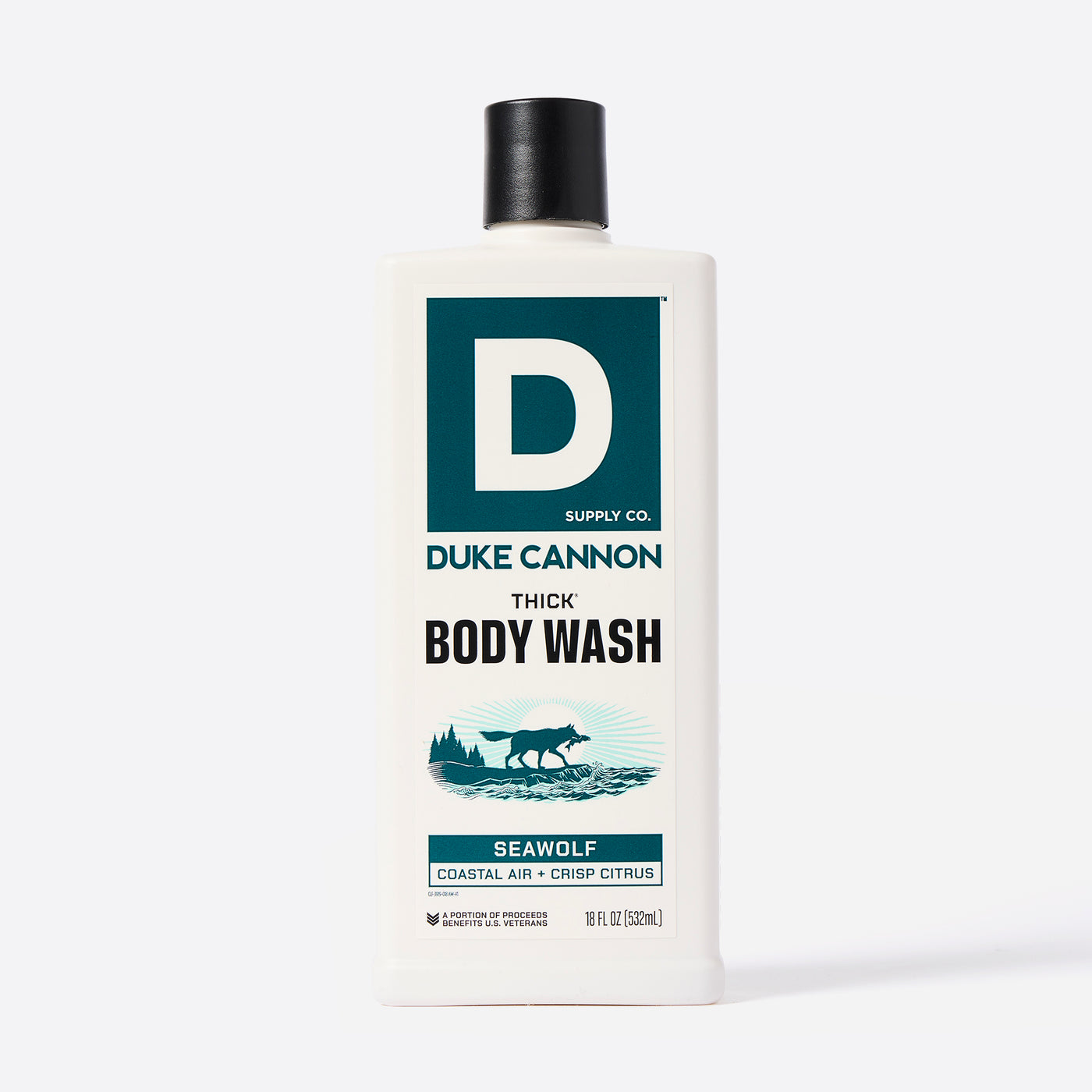 Bottle of Duke Cannon Thick Body Wash in the Seawolf Scent on a white background. Seawolf - Coastal Air + Crisp Citrus scent.