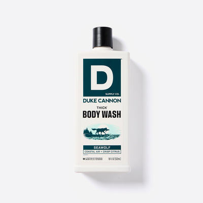 Bottle of Duke Cannon Thick Body Wash in the Seawolf Scent on a white background. Seawolf - Coastal Air + Crisp Citrus scent.
