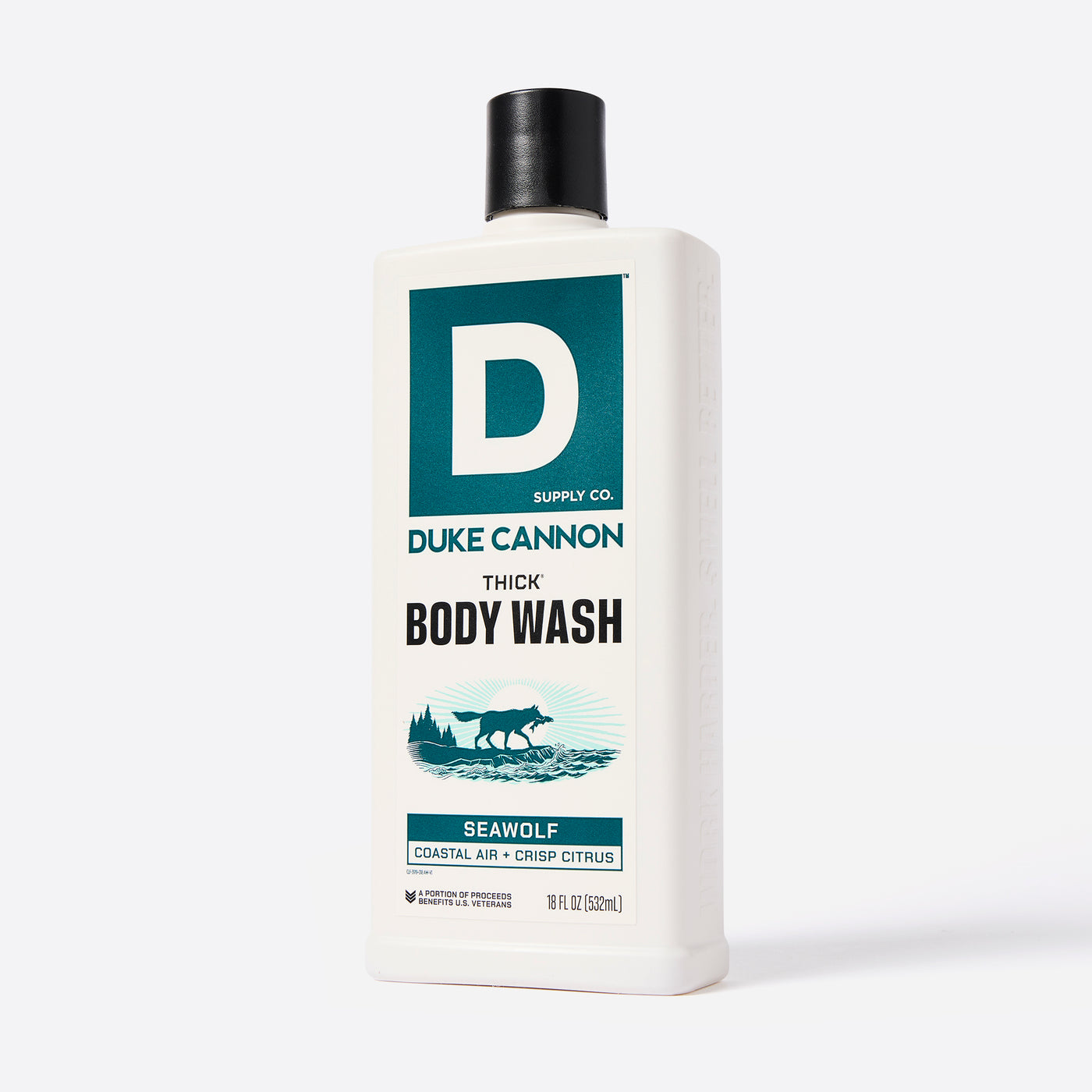 Bottle of Duke Cannon Thick Body Wash in the Seawolf Scent on a white background. Seawolf - Coastal Air + Crisp Citrus scent.