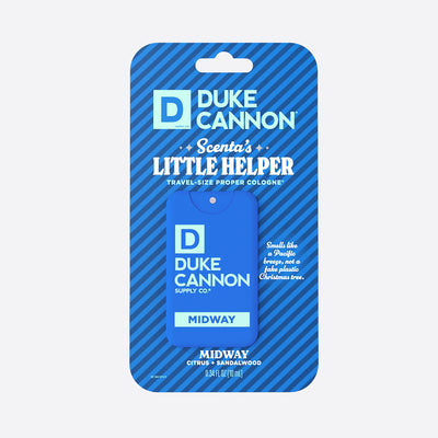 Duke Cannon Scenta's Little Helper travel-size cologne packaging on a white background. The scent is Midway. Smells like Citrus + Sandalwood.