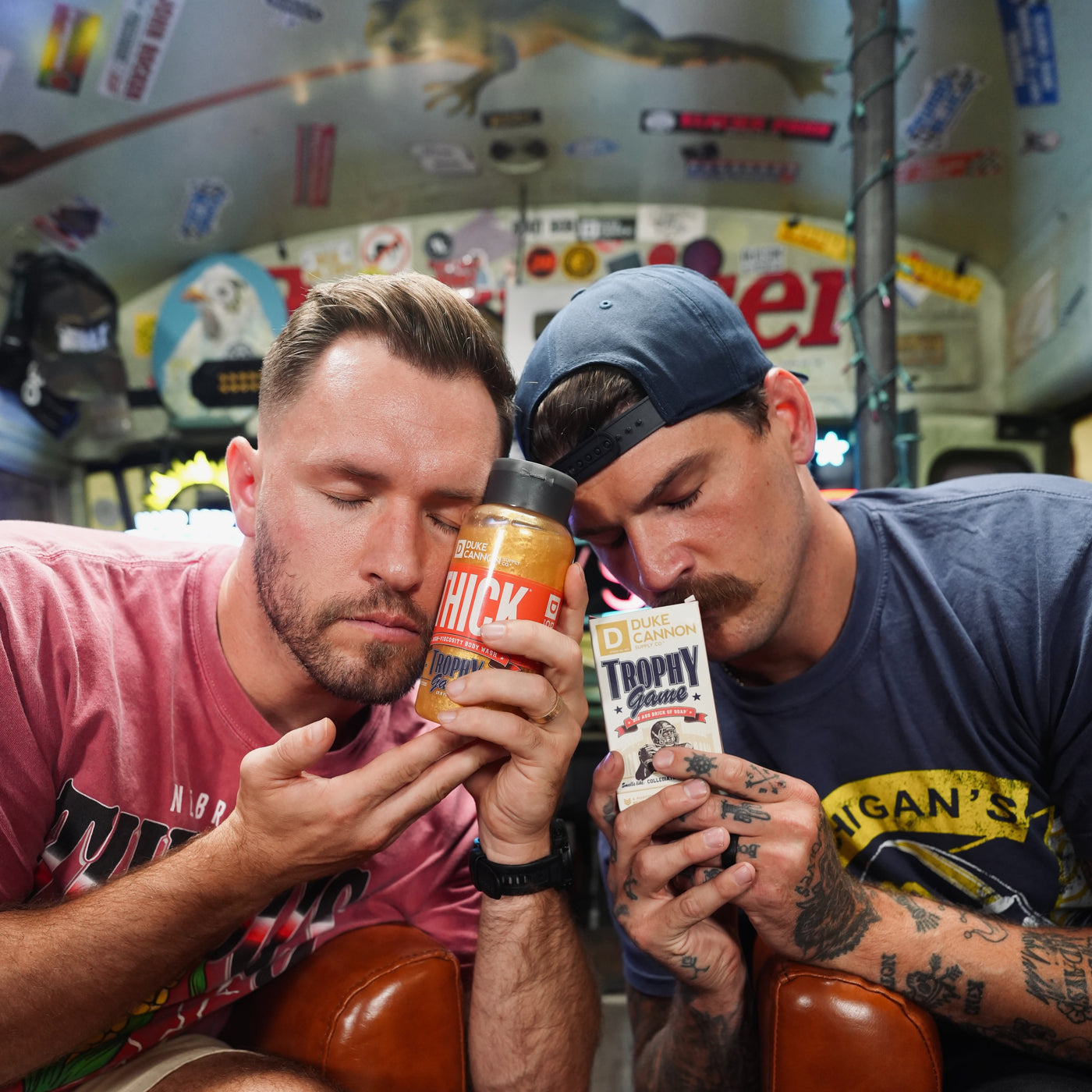 Will and Taylor holding Trophy Game THICK Body Wash and Big Ass Brick of Soap 