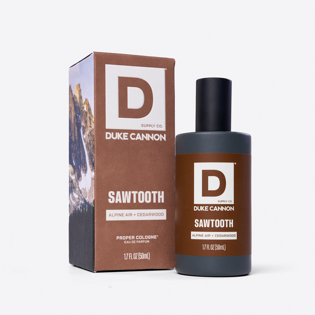 Duke Cannon Sawtooth cologne bottle and packaging on a white background